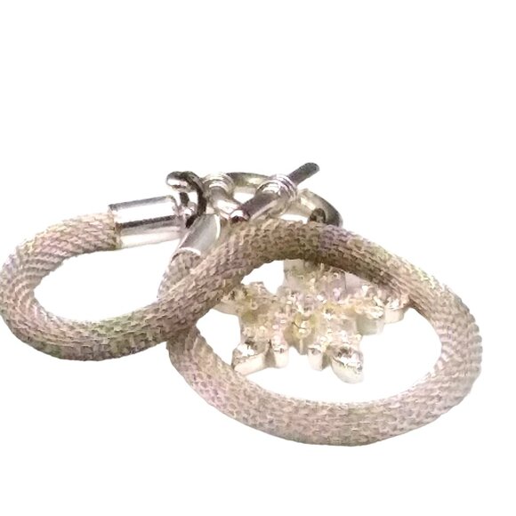Silver Tone Mesh Bracelet, Snake Chain with Sparkling Crystal Snowflake Charm - Picture 2 of 5